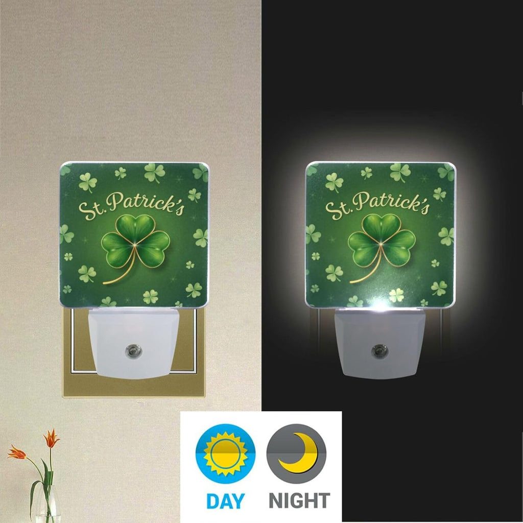 Vdsrup Sparkle Clover Shamrock Night Light Set of 2 Happy St Patrick's Day Plug-in LED Nightlights Auto Dusk-to-Dawn Sensor Lamp for Bedroom Bathroom Kitchen Hallway Stairs