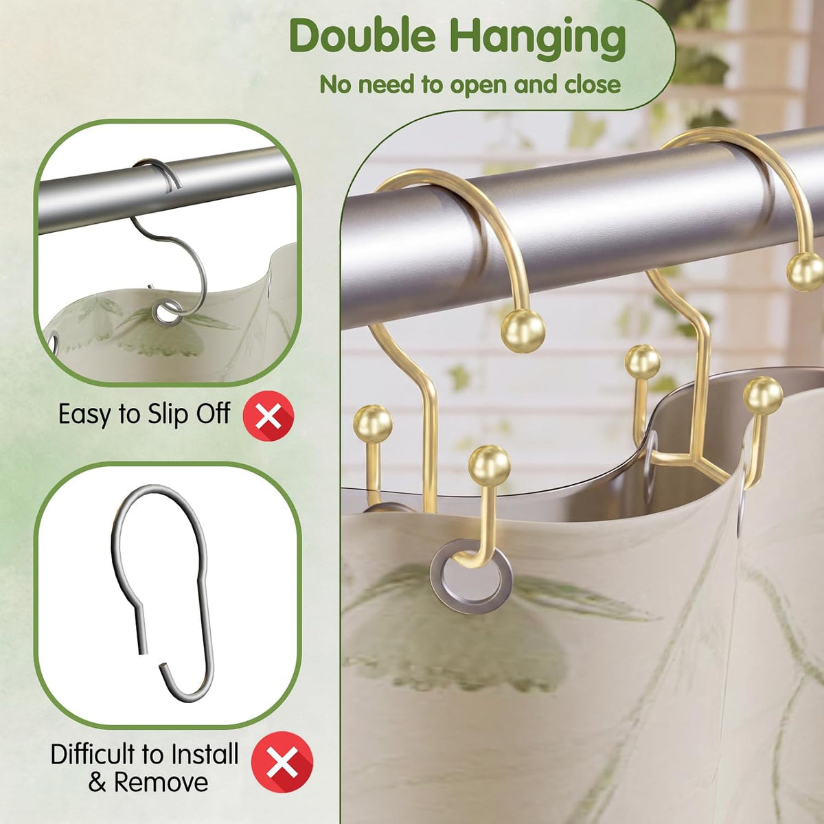OEH Shower Curtain Hooks, Metal Shower Curtain Rings, Gold Shower Curtain Hooks Rust Proof, Double Shower Rings for Curtain, Easy Install Anti-Drop Shower Hooks for Shower Curtain (Gold, 12 Pack)