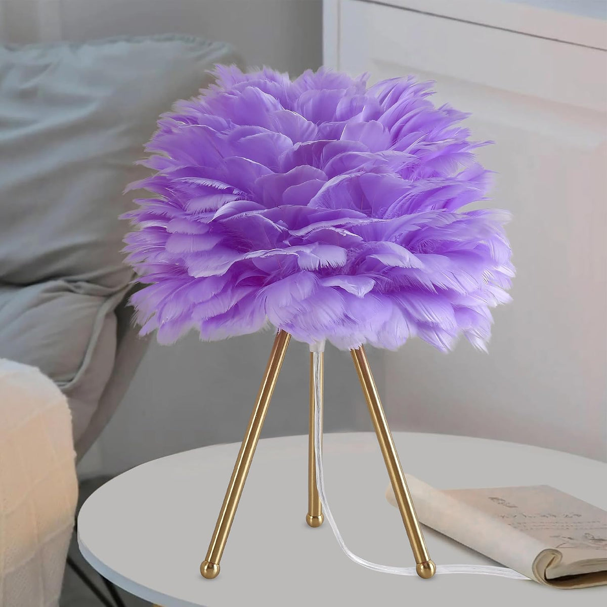 Capslpad Feather Tripod Table Lamp 15.3" Purple Modern Small Bedside Desk Lamp with Gold Finish Nightstand Lamp for Living Room Nursery Bedroom Kids Girls Room Decor
