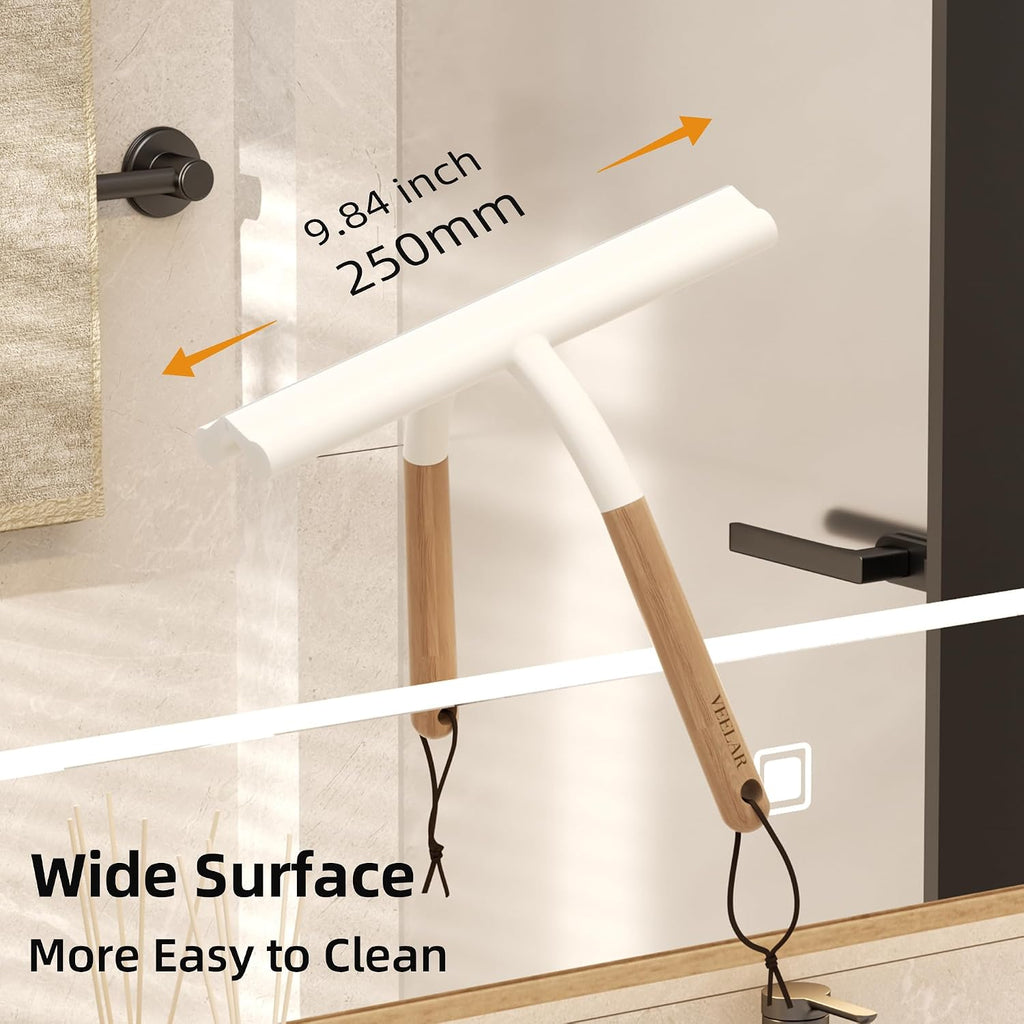 Shower Squeegee for Shower Glass, Bathroom Glass Cleaning Tool with Hook Mount, Squeegee for Glass Doors, Window Cleaning, Tile Shower Walls (White+Wood)