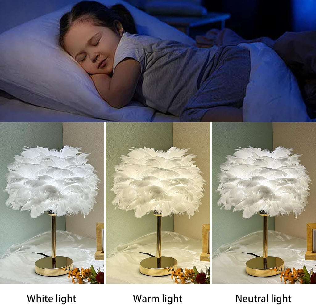 White Feather Table Lamp with Gold Finish - 3 Color Changing LED Bedside Desk Lamp, Modern Elegant Decor for Hotel Wedding Living Room, Ideal Gift for Women