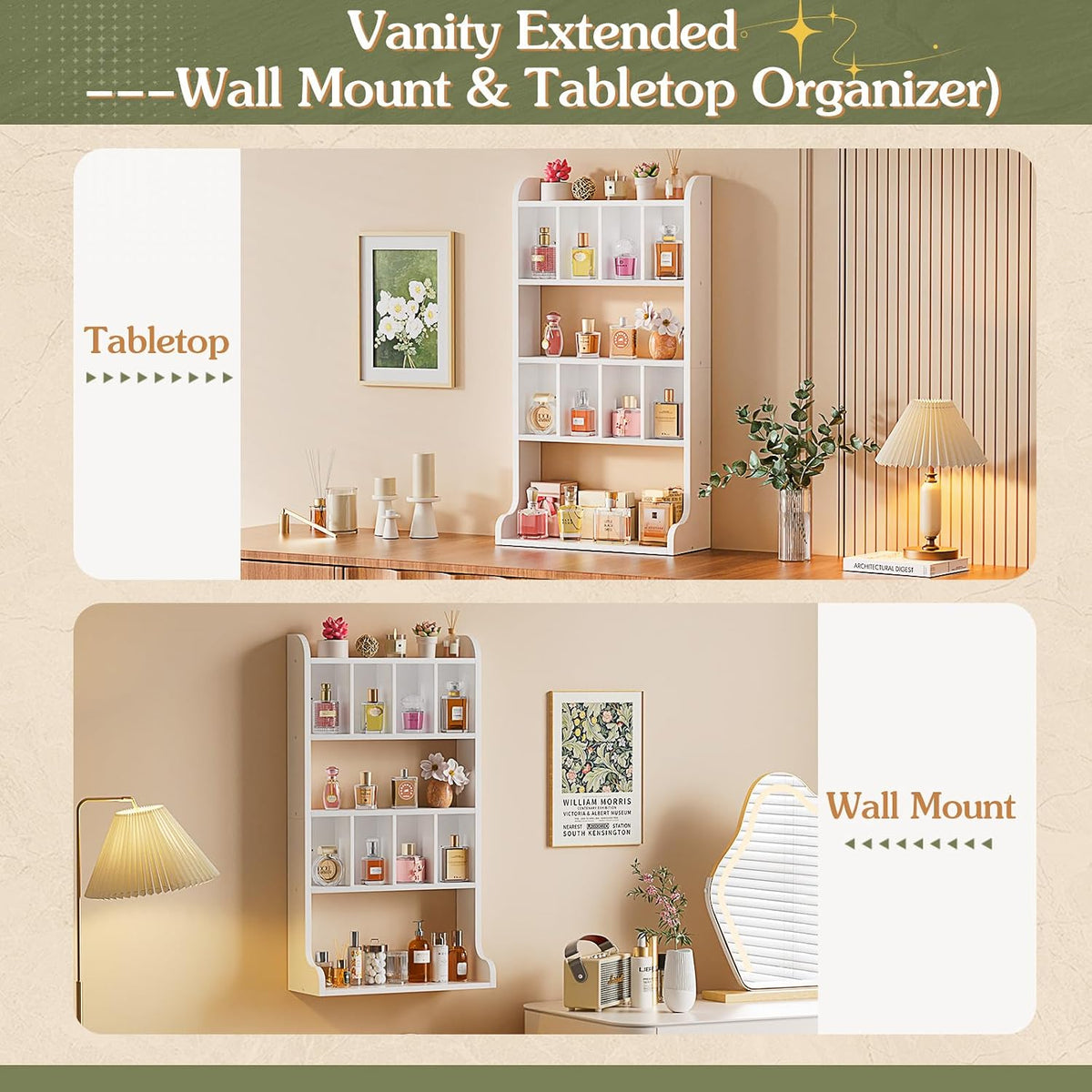Keebofly Perfume Organizer Wall Mount & Large Cologne Display Case - Wooden Multi-Tier Trinket Shelf for Fragrances, Collectibles, Figures, Miniatures, Cosmetics and Shot Glasses, White