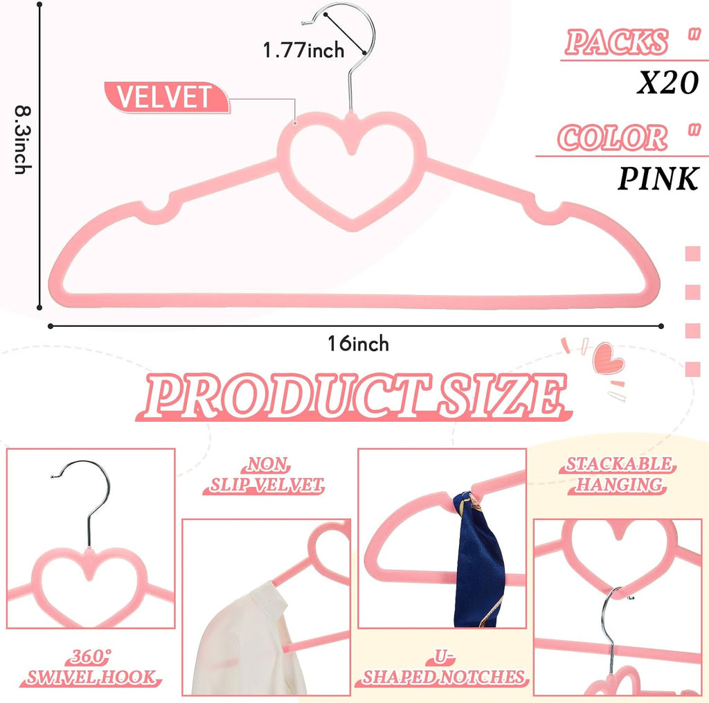 Tessco for You 20 Pcs Pink Velvet Heart Hangers with 360° Swivel Hooks