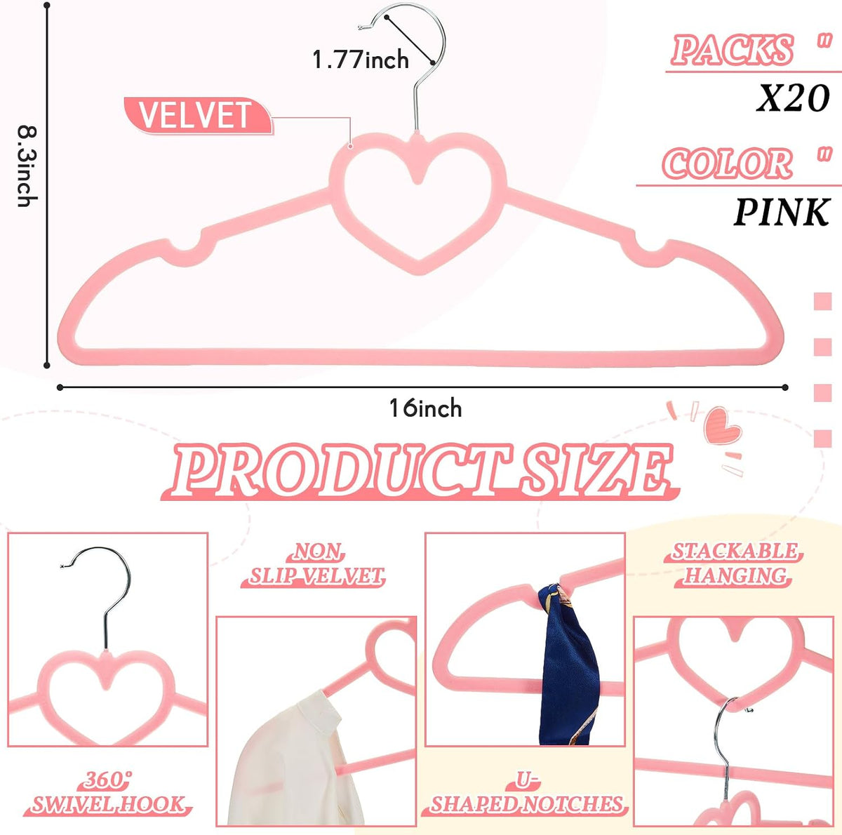 Tessco for You 20 Pcs Pink Velvet Heart Hangers with 360° Swivel Hooks