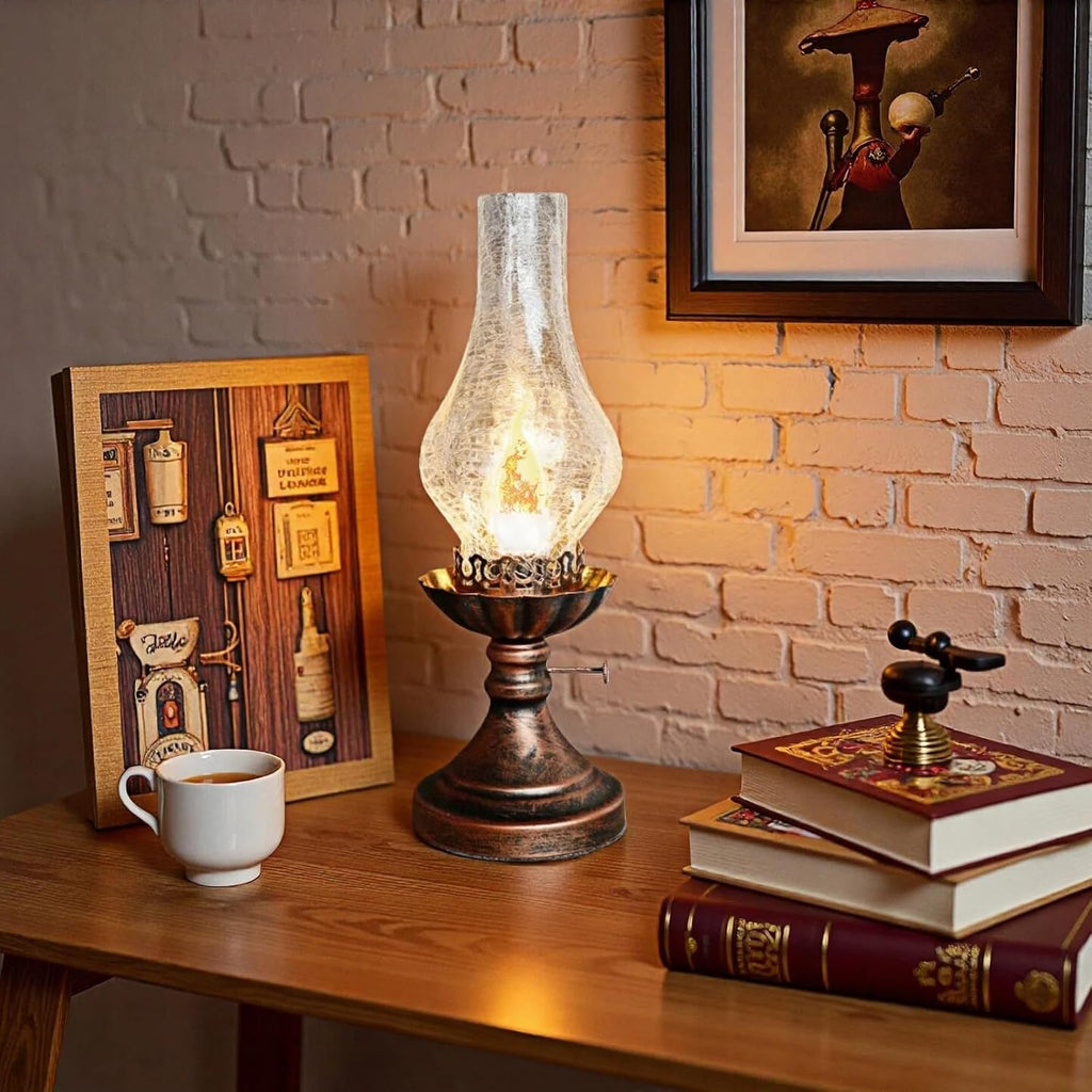 Vintage Table Lamp - 3 Modes Dimmable Retro Rustic Desk Lamp with Crackle Glass Shade, Antique Victorian Style, E26 Bulb Included, Ideal for Bedroom, Living Room, Home Decor (Transparent Glass)