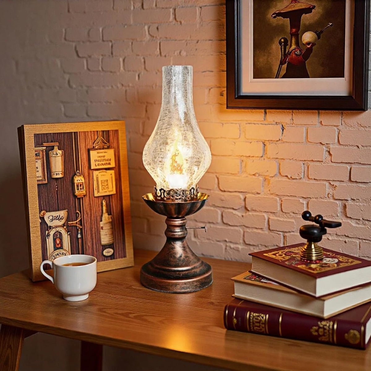 Vintage Table Lamp - 3 Modes Dimmable Retro Rustic Desk Lamp with Crackle Glass Shade, Antique Victorian Style, E26 Bulb Included, Ideal for Bedroom, Living Room, Home Decor (Transparent Glass)