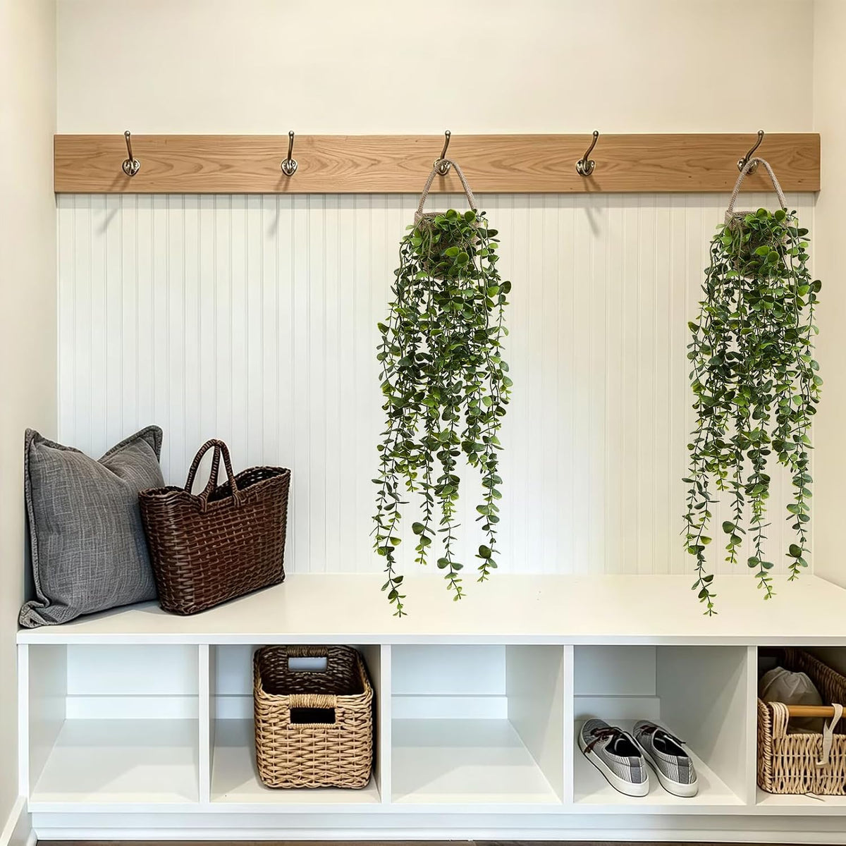 Fake Hanging Plants Potted Artificial Eucalyptus for Wall Decor, Jute Cord Basket 2PCS