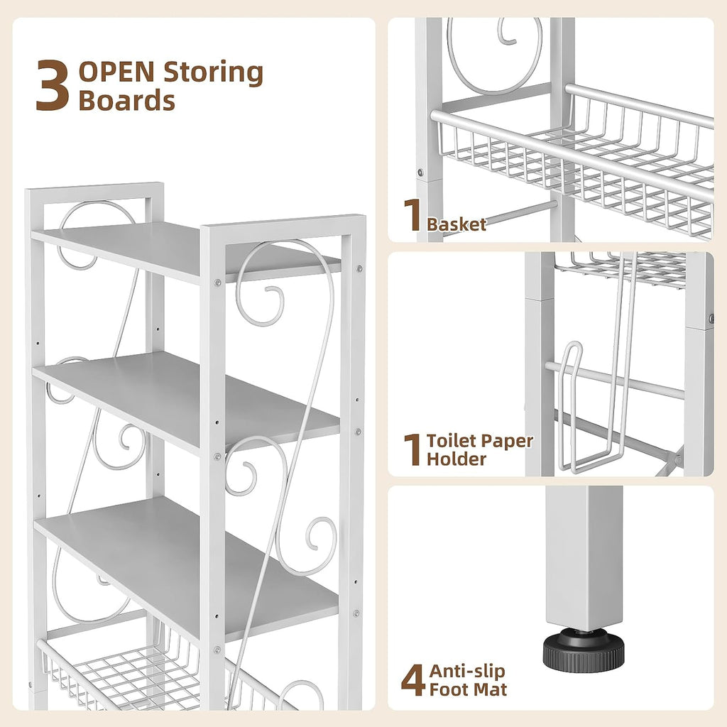 Over-The-Toilet Storage Rack 4-Tier,Bathroom Organizer Shelf Over Toilet,Adjustable Wooden Shelves and Basket,Freestanding Above Toilet Shelve,Space Saver for Rooms(White Rack-White Shelves)