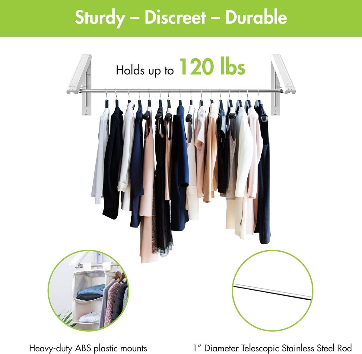 QuikCLOSET Wall Mounted Drying Rack - 36–60" Telescopic & Foldable