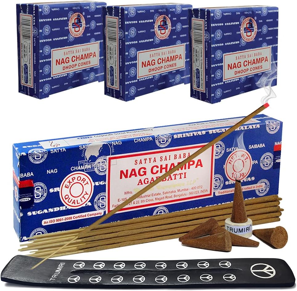 Nag Champa Incense Sticks 100g and Cones Variety Pack with Burner Holder Bundle from Satya Incense 100g Trumiri for Smudging and Aroma