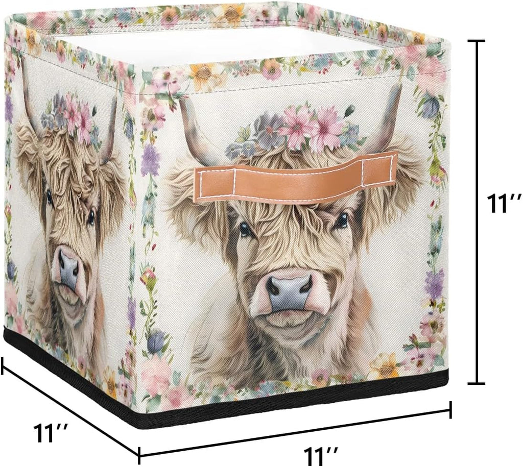 11 Inch Fabric Storage Cube with Handles, Highland Cow Collapsible Storage Basket for Shelves, Square Storage Bin Canvas Closet Organizer for Decor