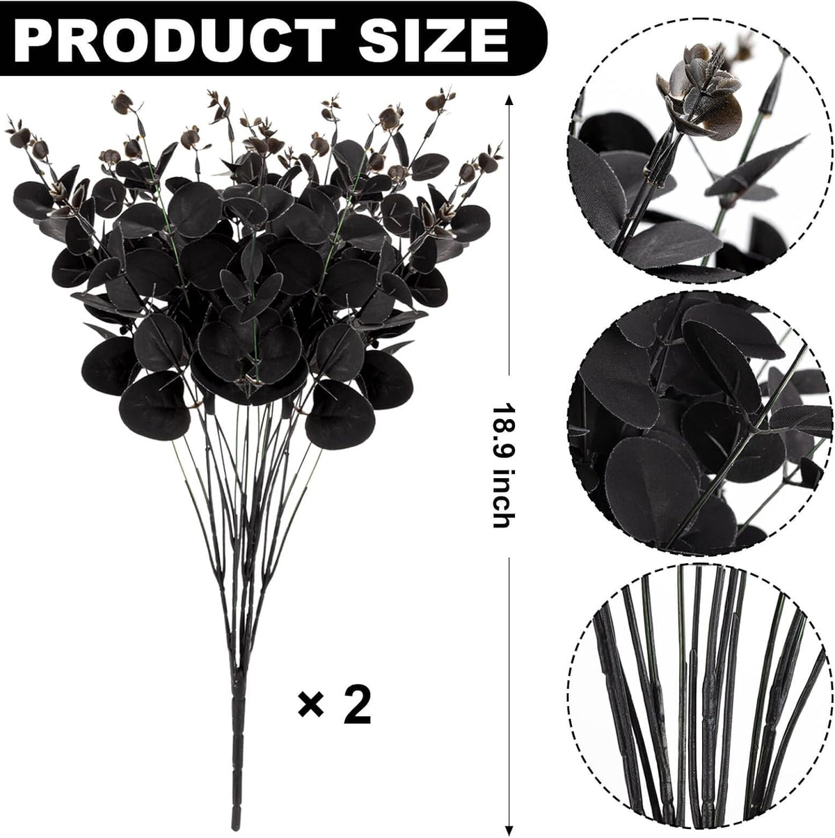 Black Eucalyptus Branches, 2 Bundles 18" Artificial Eucalyptus Leaves Stem