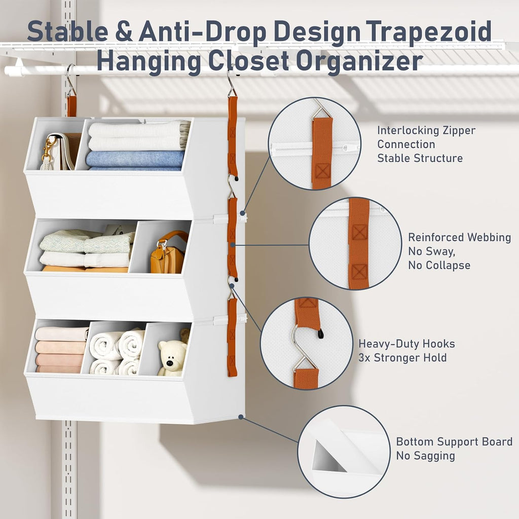 Hanging Closet Organizer Extra Large, Clothes Hanging Shelves for Closet with Divider, Collapsible Closet Storage System, Fabric Storage Bins for Home, Dorm, Rv, Sweaters, Handbags, Underwear, Sock