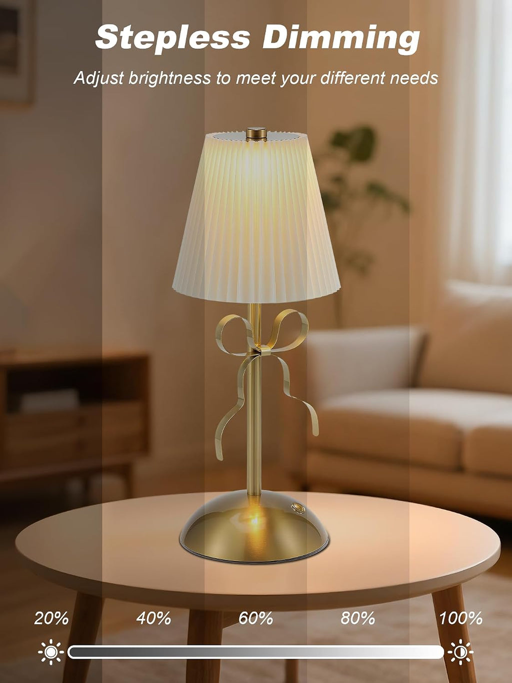 Rechargeable Small Table Lamp,Cute Desk Lamp,Gold Bow Lamp