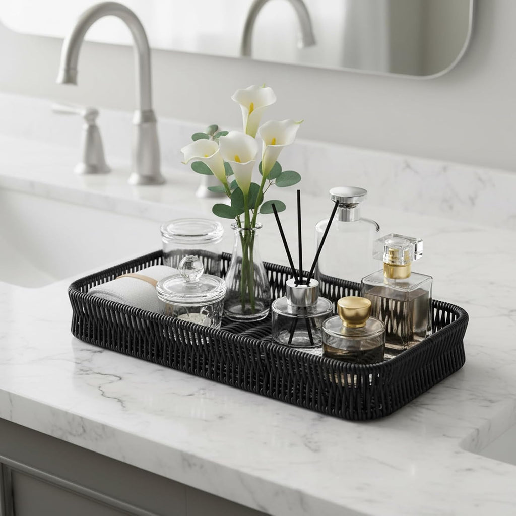 Toilet Paper Basket Organizer, 11” Inch Metal Woven Toilet Tank Basket for Back of Toilet, Bathroom Countertop Storage Tray with Non-Slip Feet for Toilet Paper, Wipes, Toiletries & Essentials, Black