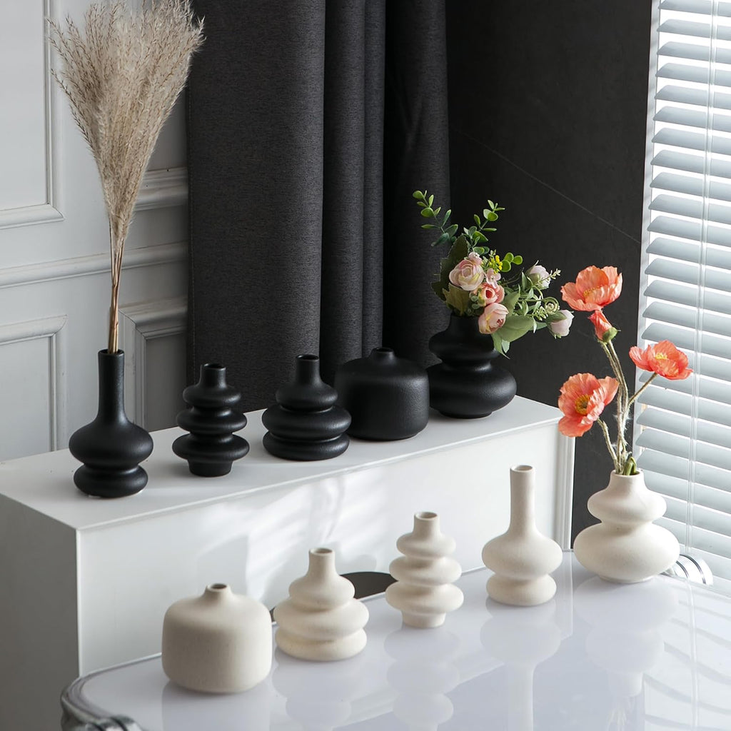 JOJUNO Black Bud Vases, Small Ceramic Vase Set of 5 Modern Home Decor