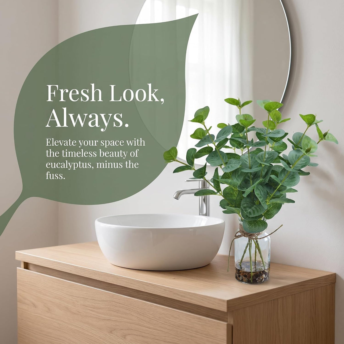 Artificial Eucalyptus Stems in Glass Vase with Faux Water, 13.5" Fake Plants for Home Decor, Office, Bathroom & Farmhouse Weddings - Faux Greenery Plants Decorations