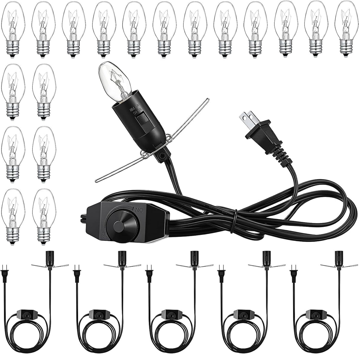 VIHOSE Salt Lamp Cord Replacement Set 6 Pcs 5.9FT Power Cord with Dimmer Switch 18 Pcs C7 15w Lights Bulbs for Himalayan Rock Lamps Night Lights Decorative Replacement Accessory