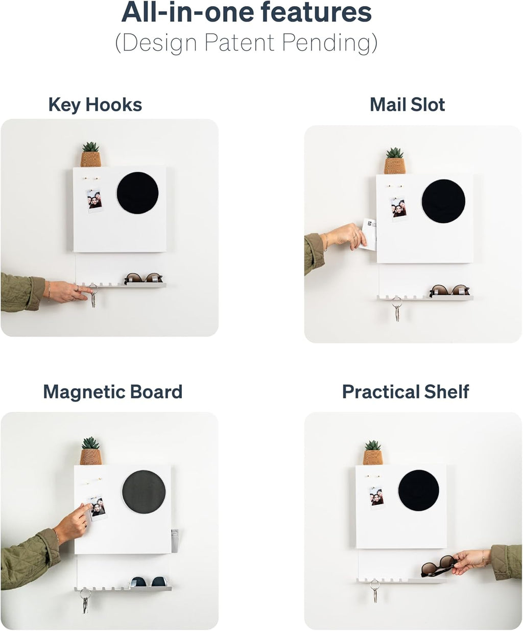 Key Holder Wall Mount and Mail Organizer, White