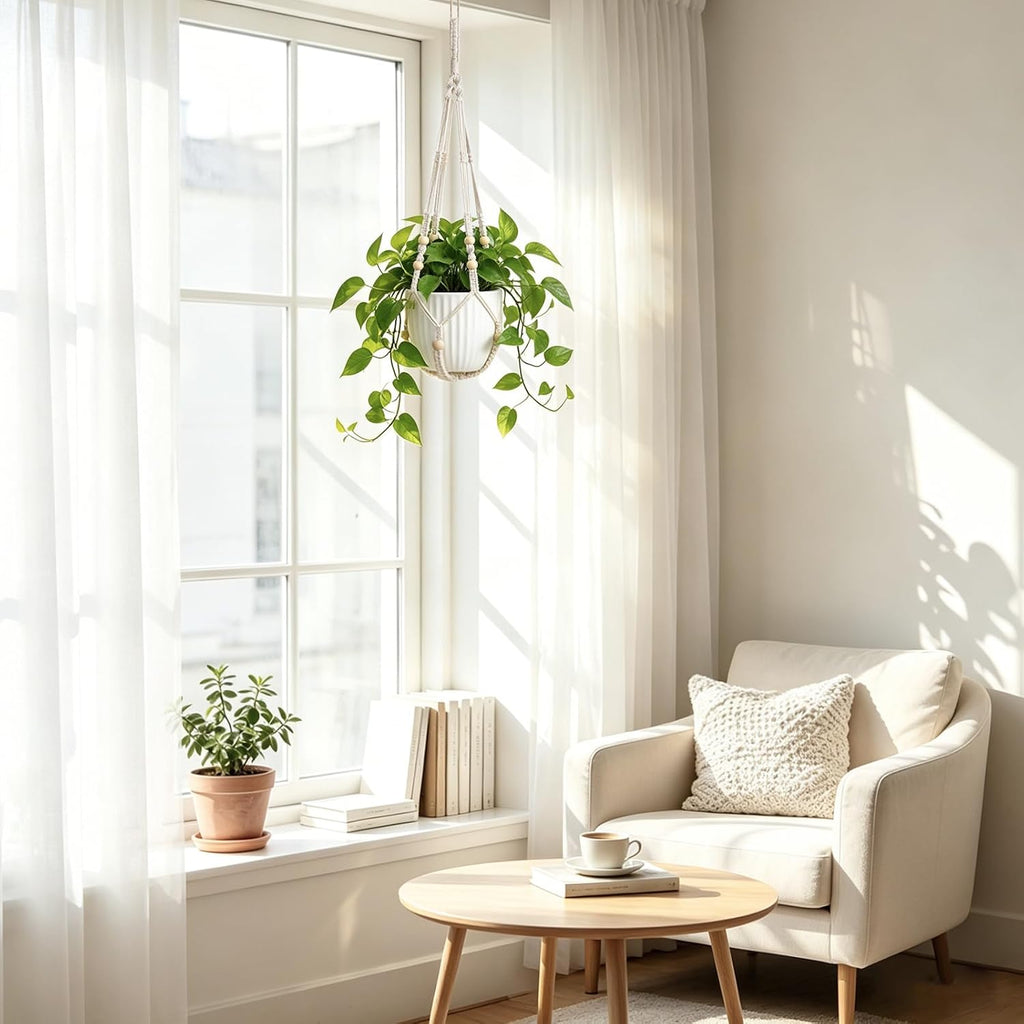 Mkono Macrame Plant Hanger Indoor, 29 Inch Hanging Planter Holder Ivory