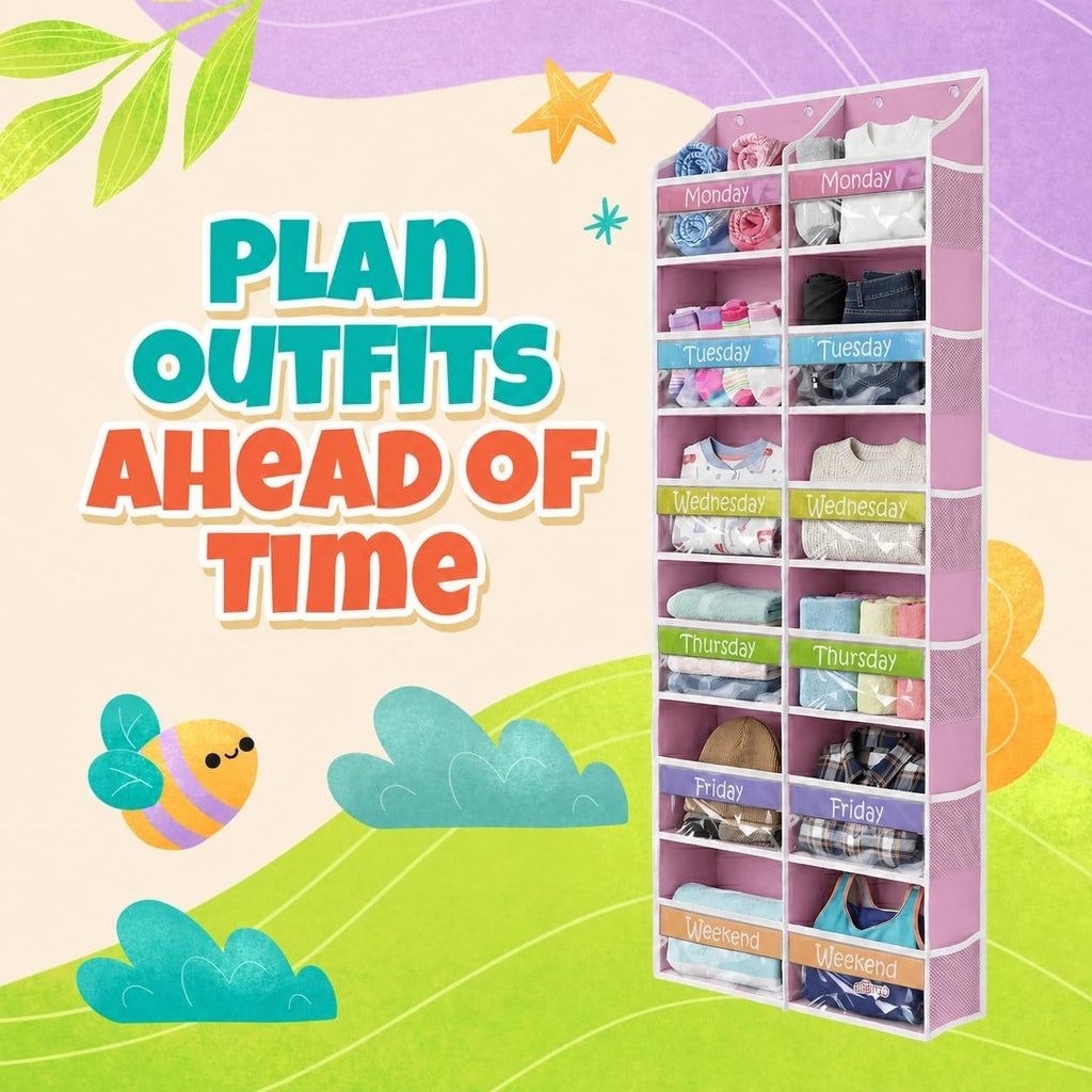 Housables Weekly Clothes Organizer for Kids, Kids Closet, 12 Shelf, Pink