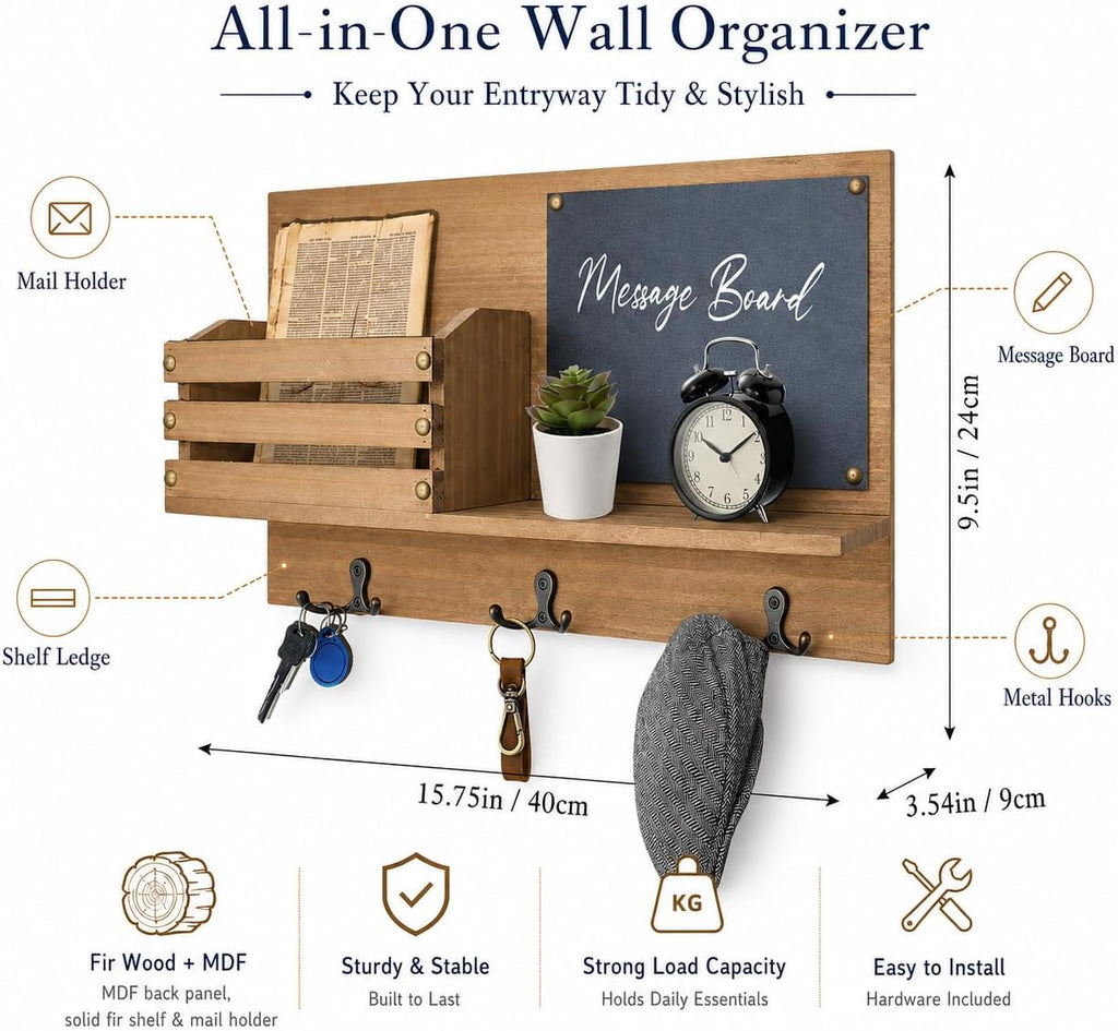 Key Holder for Wall, Mail Organizer Wall Mount, Chalkboard & 3 Double Hooks