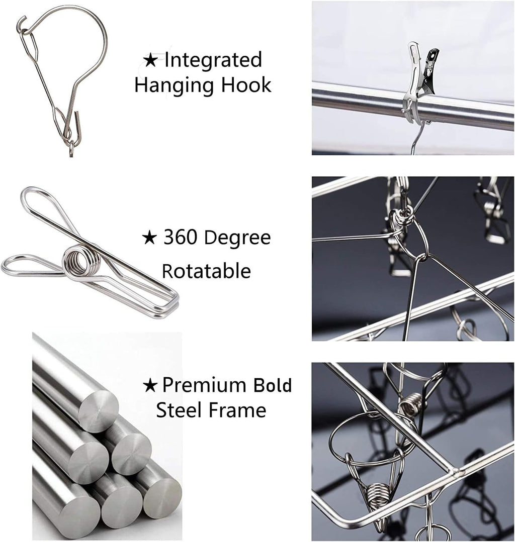 Stainless Steel Sock Drying Rack with 36 Clips, Swivel Hook Wind-Proof Clothes Hanger Rack for Sock, Bras, Underwear, Laundry Accessories