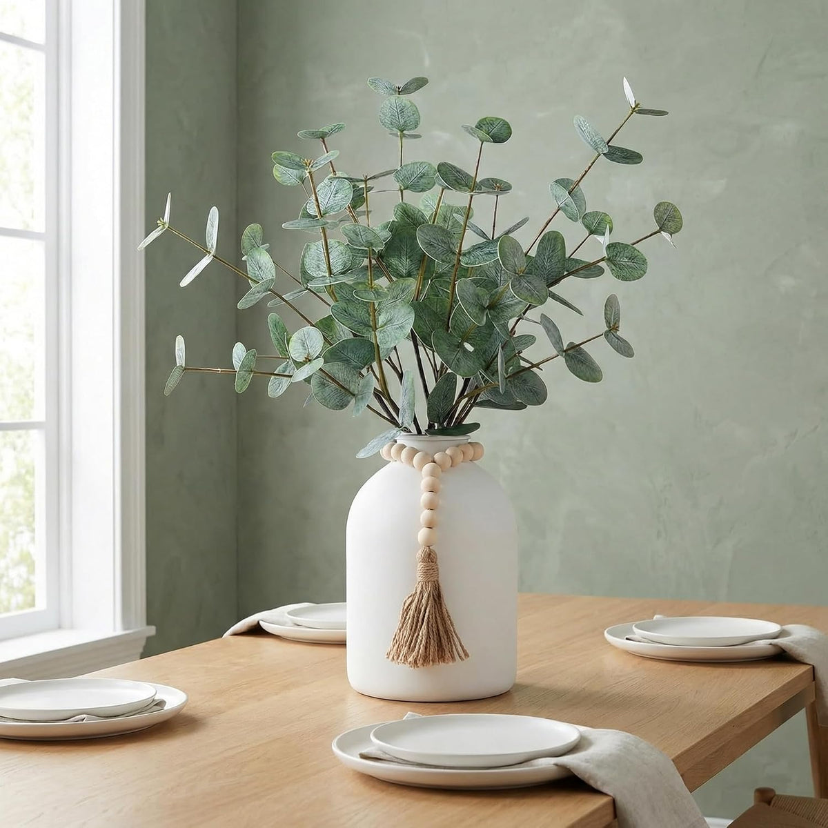 6 Pcs Artificial Eucalyptus Stems in Large White Vase ,18" Artificial Greenery Stems Centerpieces Fake Eucalyptus Stems 9 in Tall Vase Home Decor Coffee Table Kitchen Table Centerpieces Decor (White)