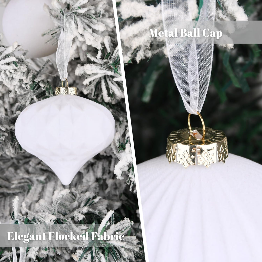 Velvet Ornaments for Christmas Tree Decorations - White Flocked Christmas Ornament Set for Winter Holiday Decor - Shatterproof Xmas Balls Ornaments Bulk - Pack of 24
