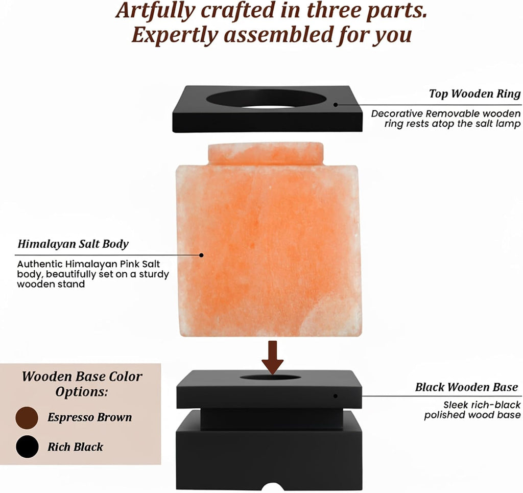 POHS 100% Authentic Himalayan Pink Salt Cube Lamp with Black Wooden Base, Dimmer Switch Cord and Two Bulbs, Night Light for Home and Office Table and Desk, Gift and Decor