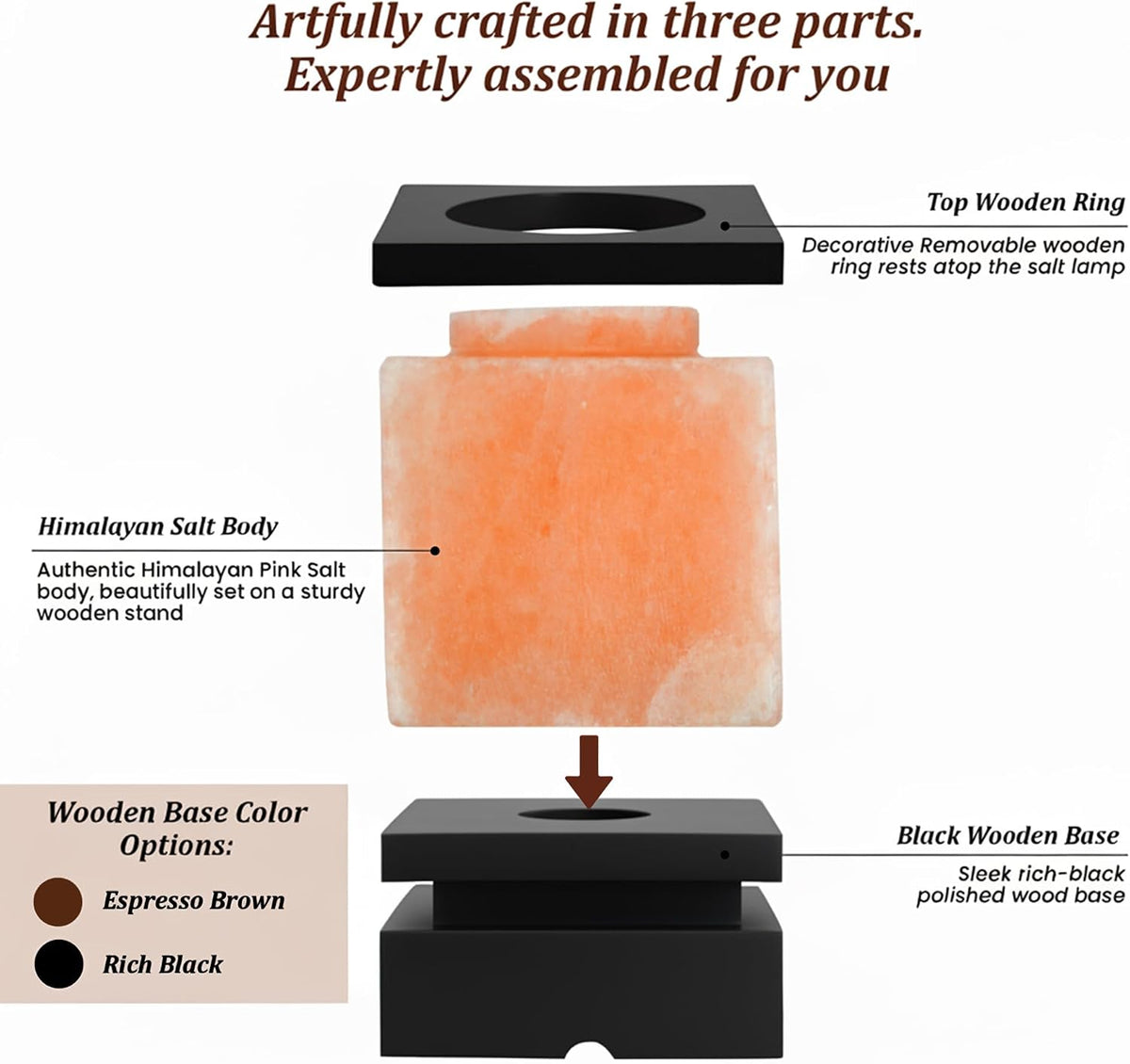 POHS 100% Authentic Himalayan Pink Salt Cube Lamp with Black Wooden Base, Dimmer Switch Cord and Two Bulbs, Night Light for Home and Office Table and Desk, Gift and Decor