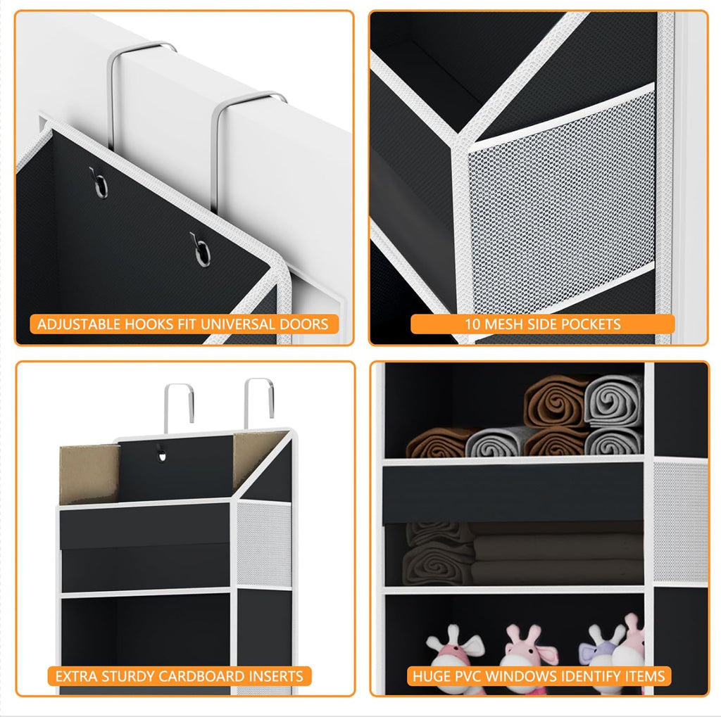 Over Door Organizer - Over The Door Storage Organizer with 5 Large Pockets & 10 Mesh Side Compartments - Heavy-Duty Hanging Storage for Bathroom, Bedroom & Nursery - Room Organizer Solution - Black