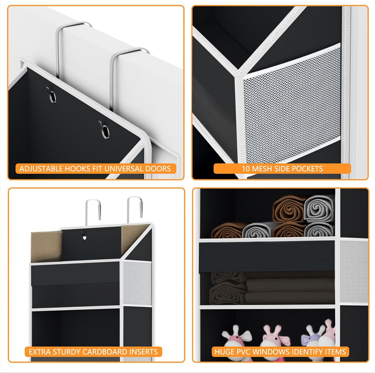 Over Door Organizer - Over The Door Storage Organizer with 5 Large Pockets & 10 Mesh Side Compartments - Heavy-Duty Hanging Storage for Bathroom, Bedroom & Nursery - Room Organizer Solution - Black