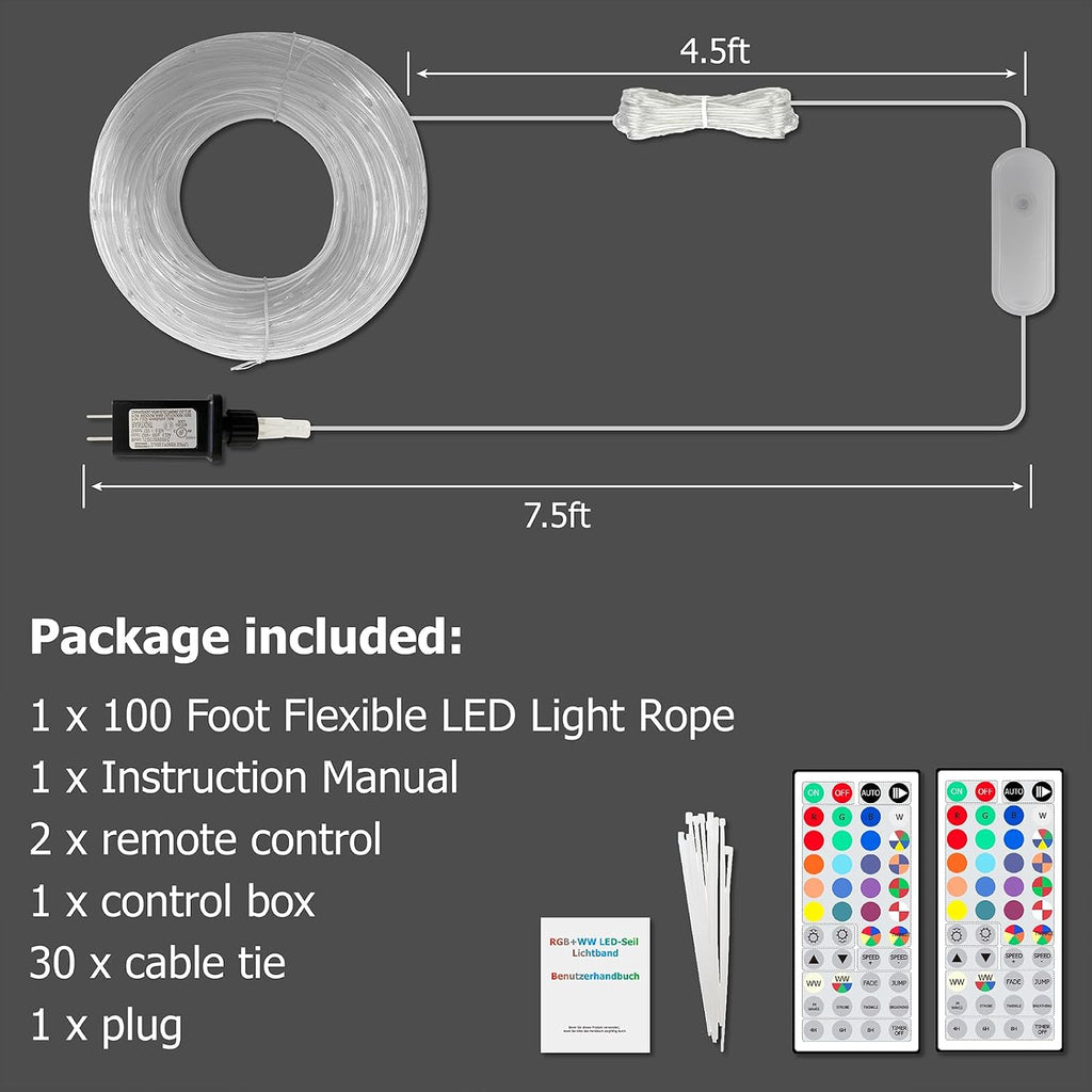 100ft Rope Lights for Outside, IP68 Waterproof Dimmable Outdoor String Lights with 2 Rmote 25 Colors 149 Modes, RGB Warm White Twincle &Chasing LED Fairy Light Strip for Christmas Decor Indoor Bedroom