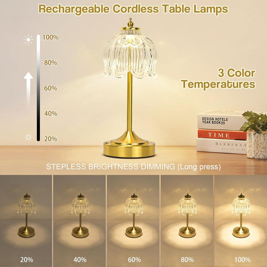 Cordless Table Lamp, Rechargeable Clear Glass Lotus Flower Lamp
