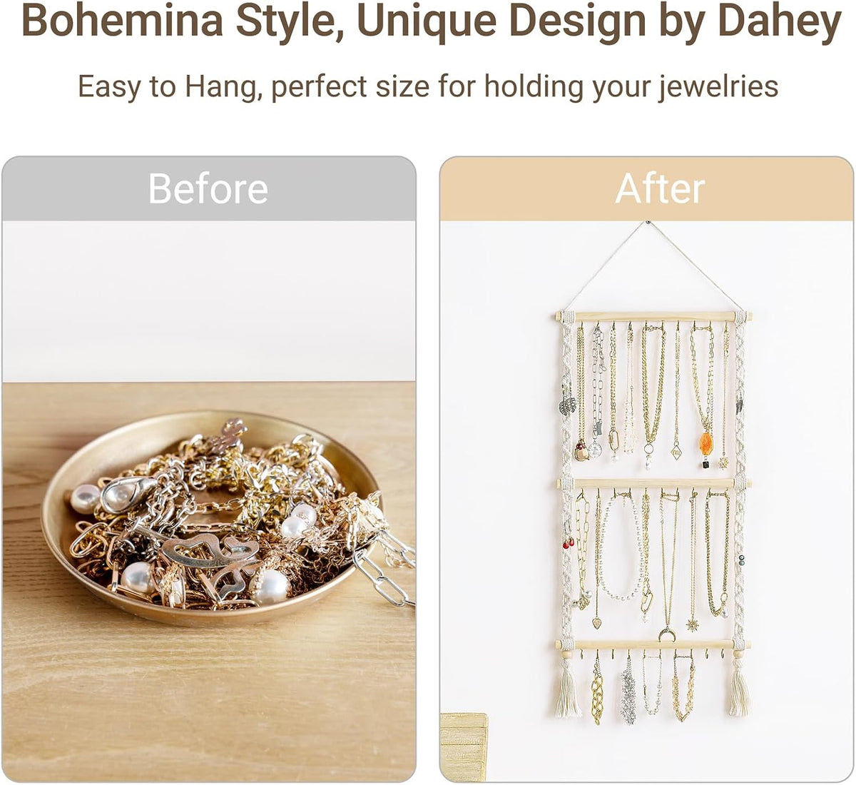 Dahey Hanging Necklace Holder Organizer Macrame Jewelry Hanger for Wall