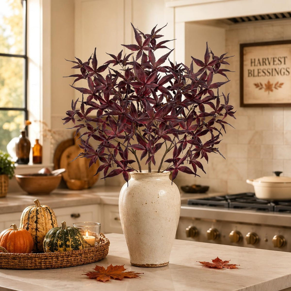 Hollyone 3Pcs Artificial Japanese Maple Leaves Branches 26'' Fake Fall Leaves Stems Plants Red Faux Maple Leaf Bushes Shrubs for Home Decor Thanksgiving Festival Party Autumn Decorations Burgundy