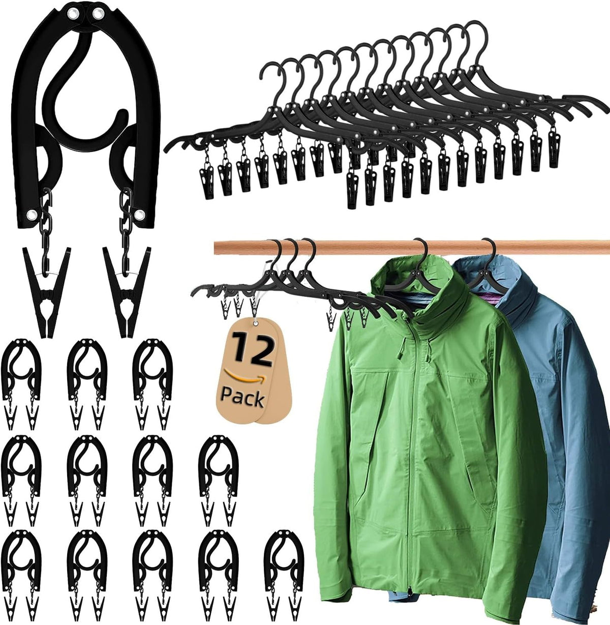 12pcs Black Travel Hangers with 24pcs Clips Foldable for Suitcase, Portable Folding Clothes Hangers, Cruise Ship Essentials Drying Rack for Portable Travel Accessories