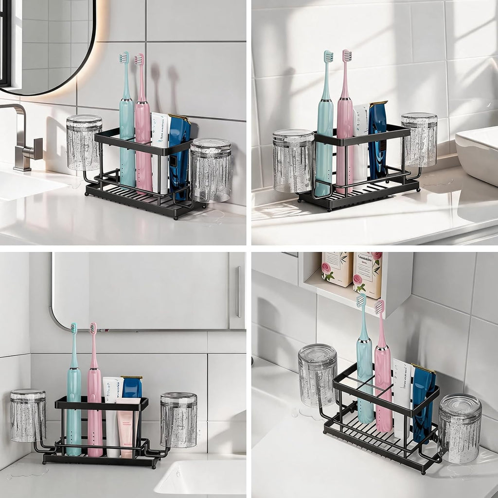 Toothbrush Holder, Wall Mount & Countertop, 2 Cup Hooks Black Metal