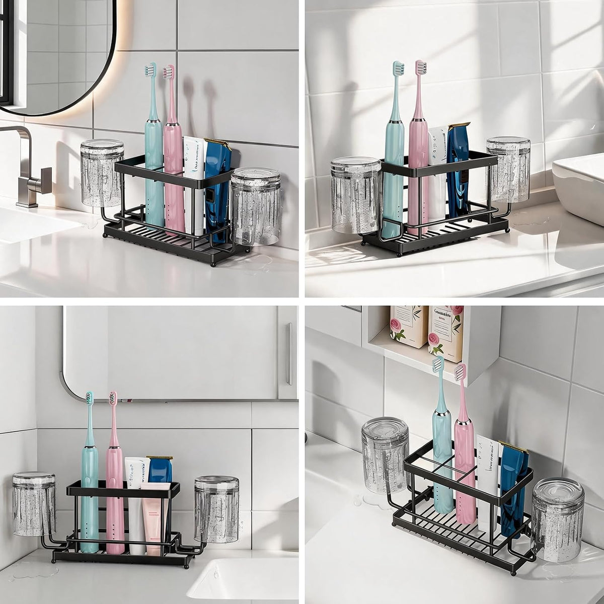 Toothbrush Holder, Wall Mount & Countertop, 2 Cup Hooks Black Metal