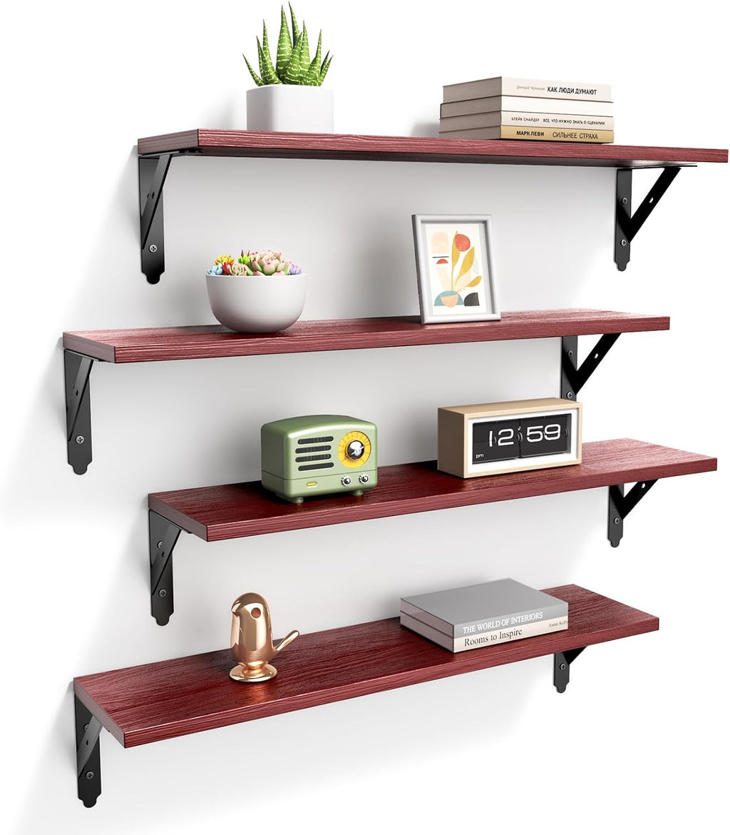 ROMGUAR CRAFT Wood Wall Floating Shelves Set of 4, 23.6" x 6" - Red