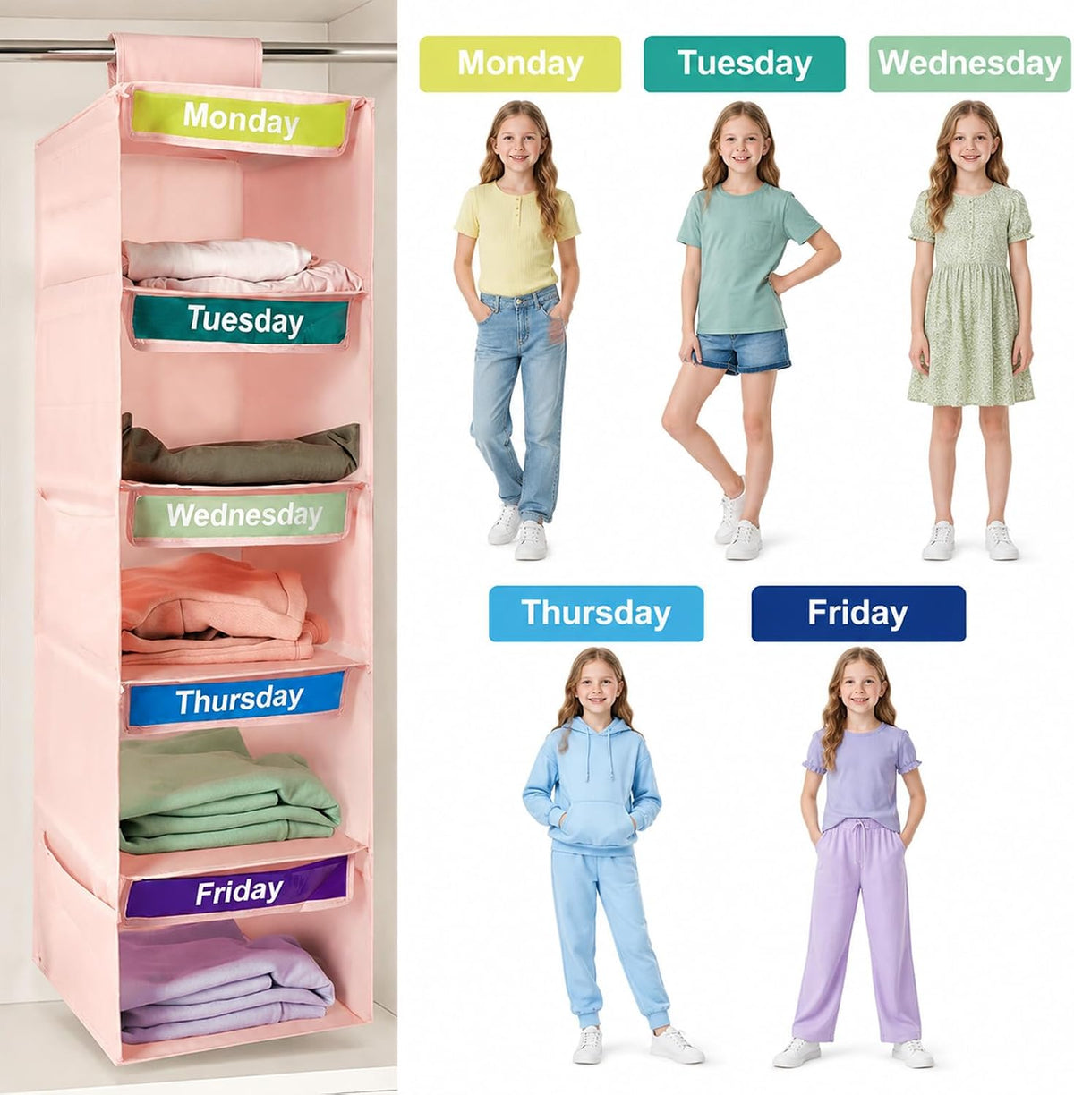 5 Shelf Days of The Week Clothes Organizer for Kids Weekly Outfits(Pink)
