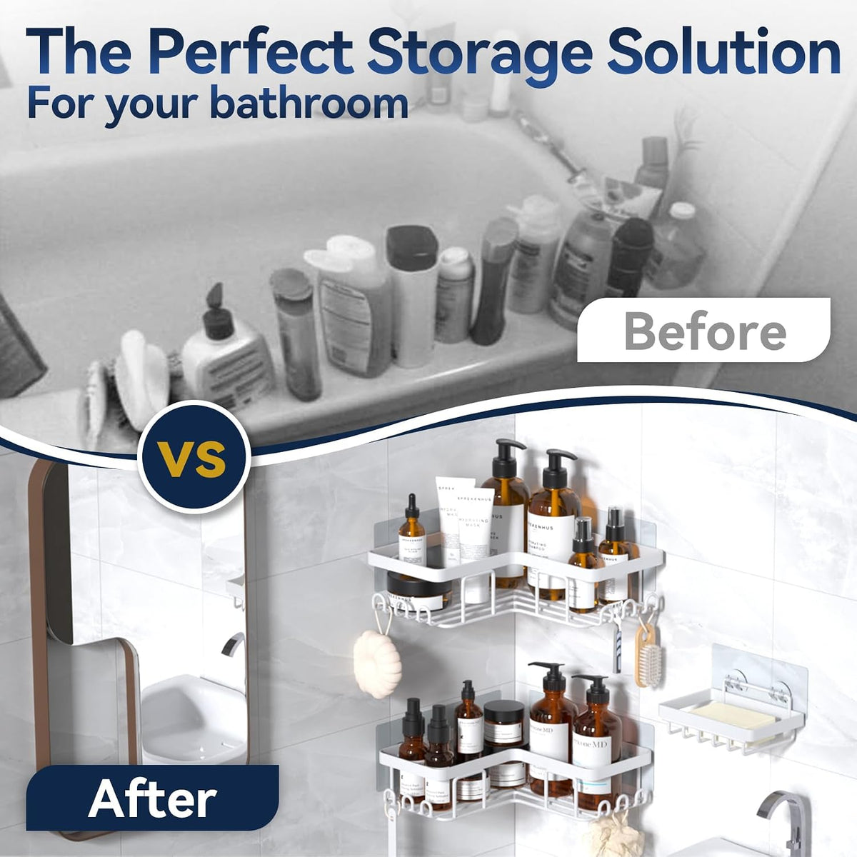 YASONIC Corner Adhesive Shower Caddy, with Soap Holder and 12 Hooks, Rustproof Stainless Steel Bathroom Organizer, No Drilling Wall Mounted Rack, White, 3-Pack