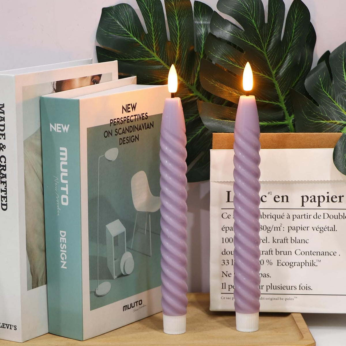 Purple Flameless Taper Candles Flickering with Remote Timer