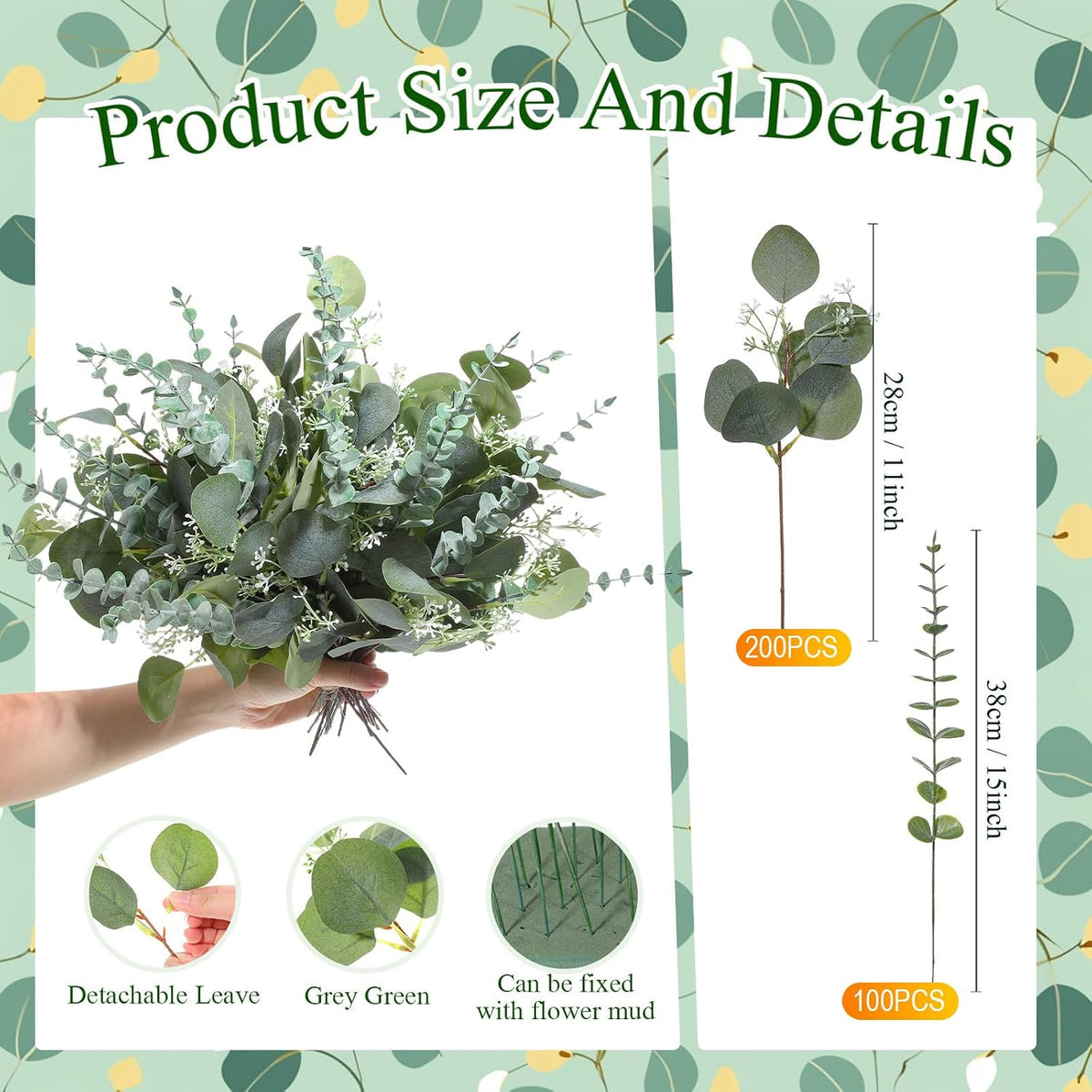 Tigeen 300 Pcs Artificial Eucalyptus Stems, 2 Styles Faux Greenery, Green