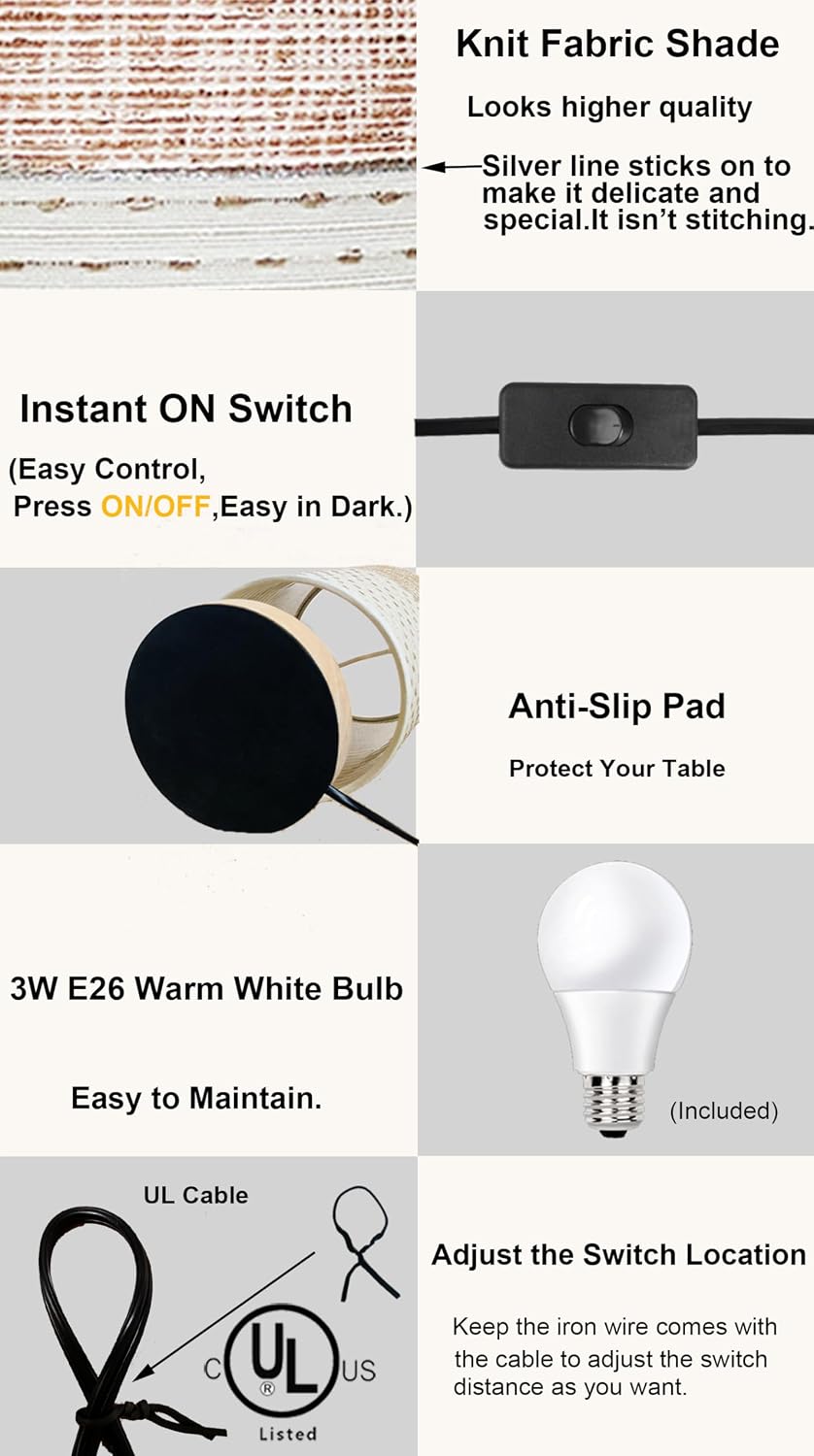 AFORTLO Table Desk Lamp, Small Fabric Boho Decorative Nightstand Night Light Solid Wood Base Lamp for Bedroom,Living Room,End Table or Office with Bulb (Brown Knit Fabric)