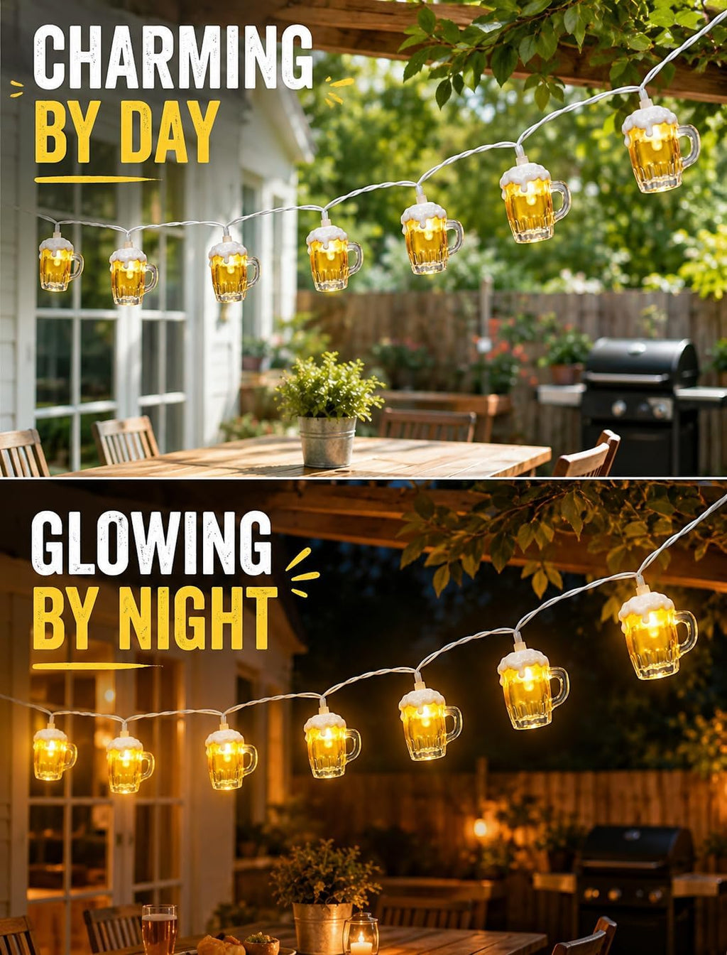 Beer String Lights Outdoor, 12.5FT Summer Decorative Camping String Lights with 10 3D Beer Mug Lights, Plug in Connectable Novelty Fairy Lights for Tropical Themed Wedding Bistro Bar Party Decor