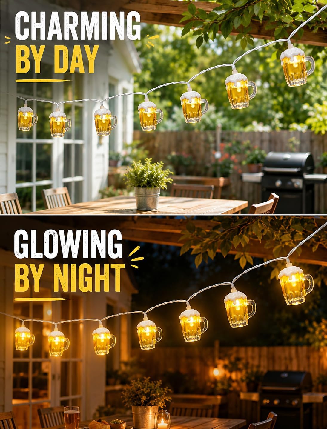 Beer String Lights Outdoor, 12.5FT Summer Decorative Camping String Lights with 10 3D Beer Mug Lights, Plug in Connectable Novelty Fairy Lights for Tropical Themed Wedding Bistro Bar Party Decor
