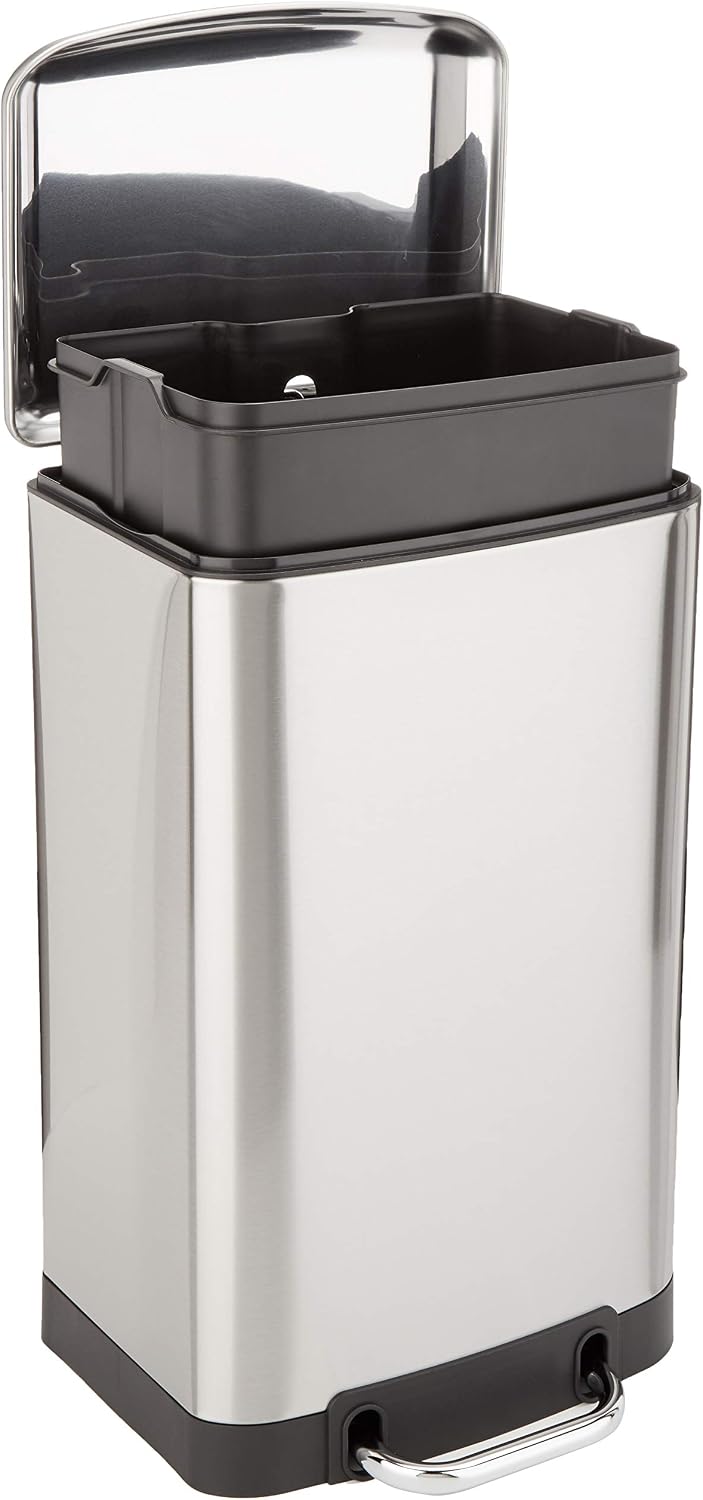 Amazon Basics Rectangular Small Trash Can with Soft-Close Step Pedal, Removable Inner Bucket, Hands-Free, Space-Saving, Smudge Resistant, 20l / 5.3 gallon, Nickel
