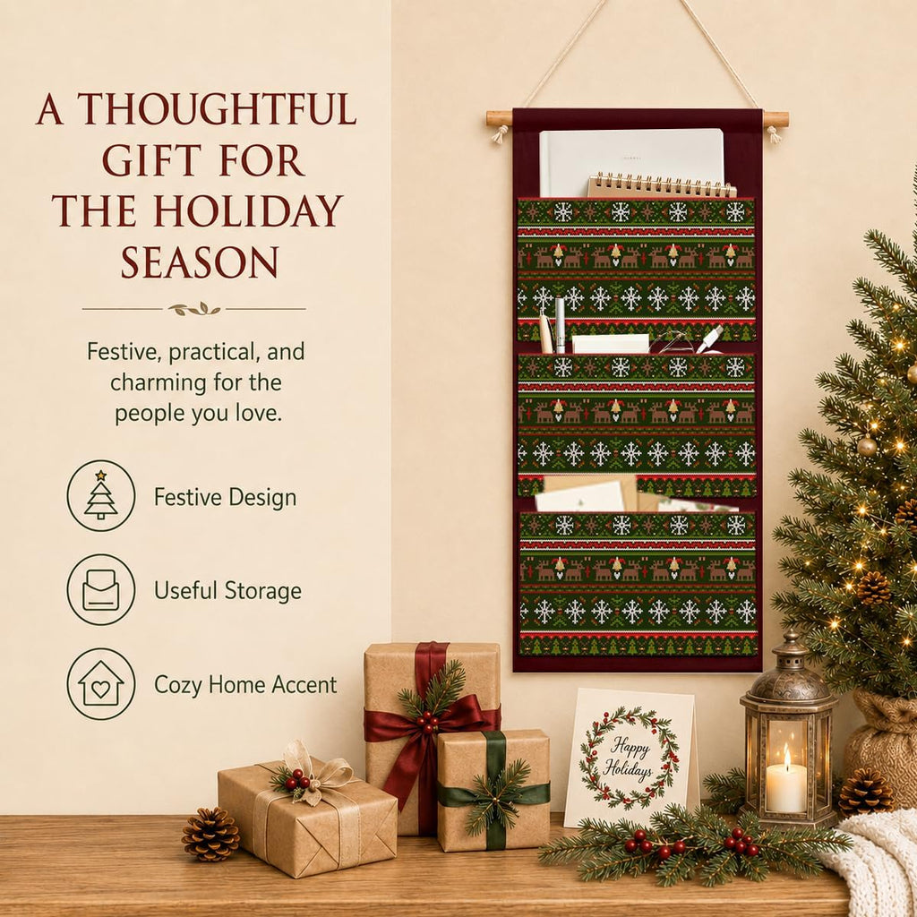 IAXIC Christmas Decor Knitted Reindeer Canvas Wall Art Hanging Organizer